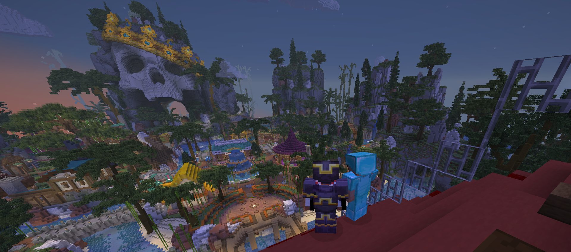 Two ConeCraft players looking out over spawn from a rooftop
